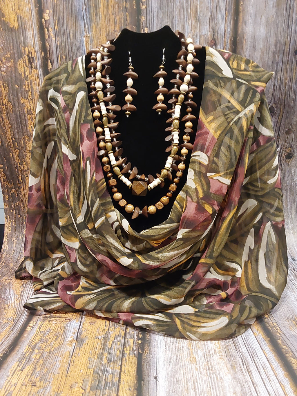 Brown, Ivory, Beige Clear Beaded Necklace and Earrings Set