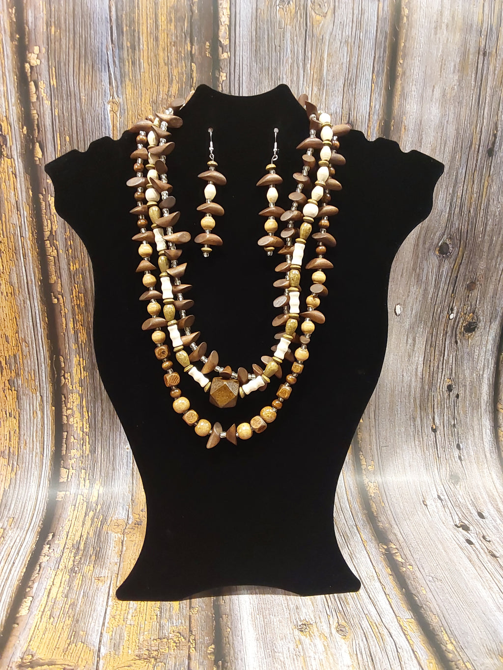 Brown, Ivory, Beige Clear Beaded Necklace and Earrings Set