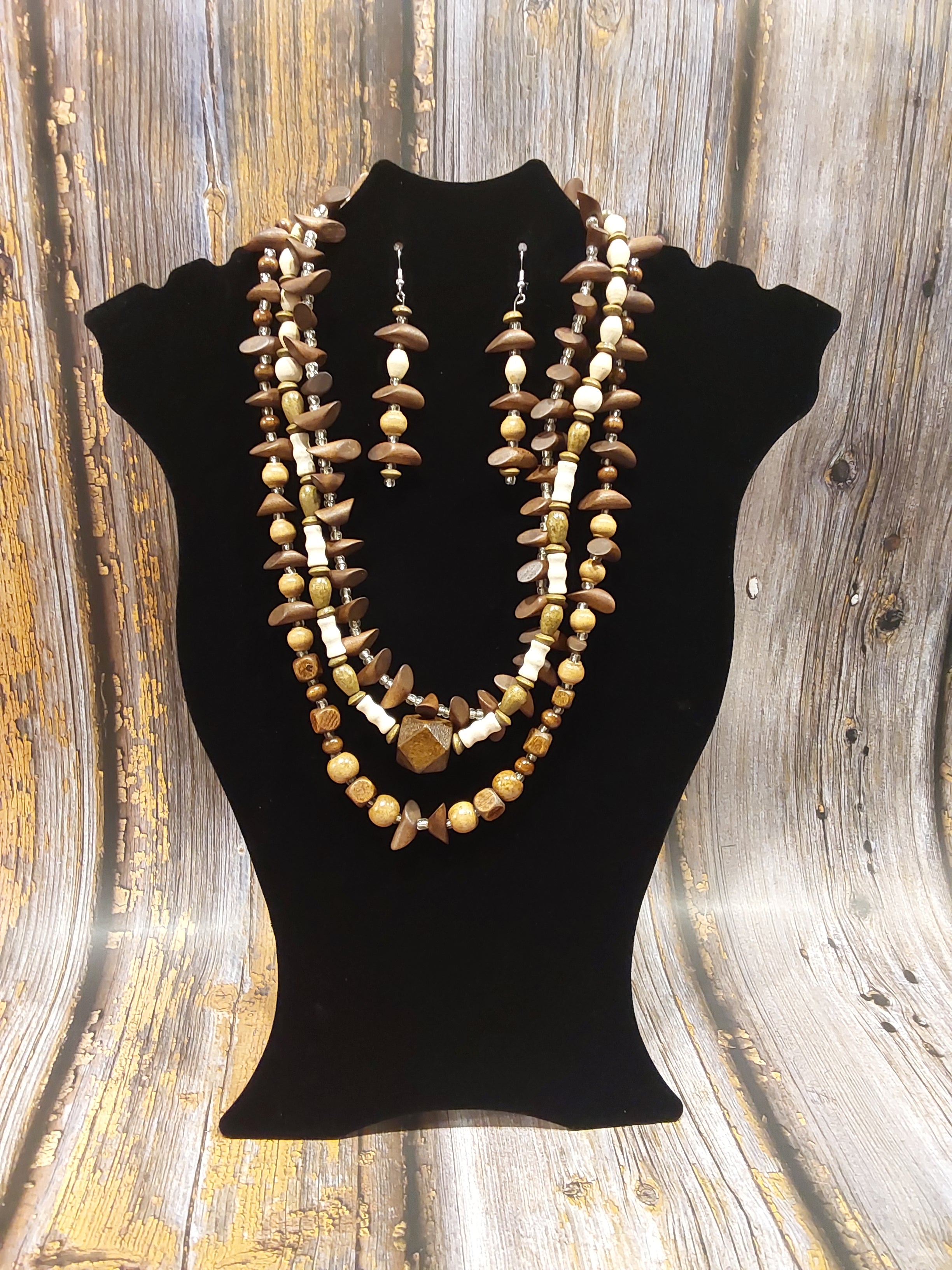 Brown, Ivory, Beige Clear Beaded Necklace and Earrings Set