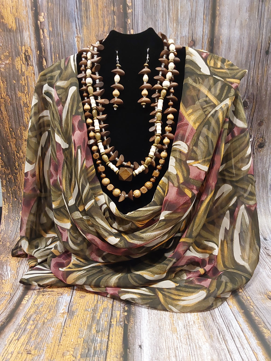 Brown, Ivory, Beige Clear Beaded Necklace and Earrings Set