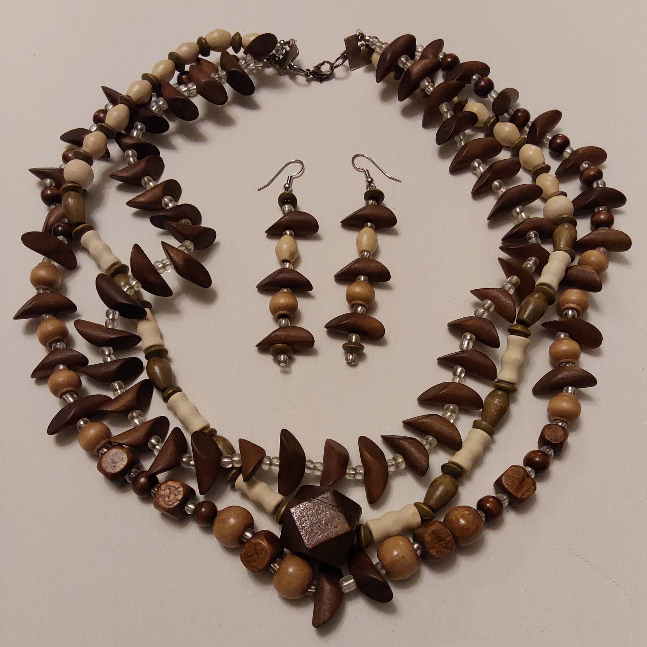 Brown, Ivory, Beige Clear Beaded Necklace and Earrings Set
