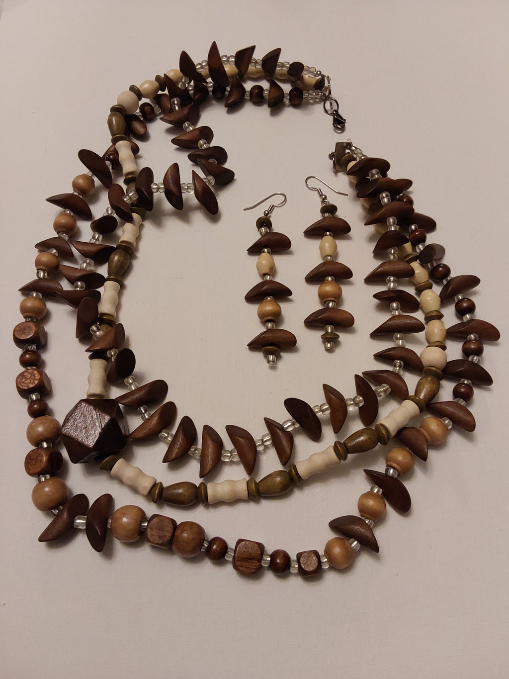 Brown, Ivory, Beige Clear Beaded Necklace and Earrings Set
