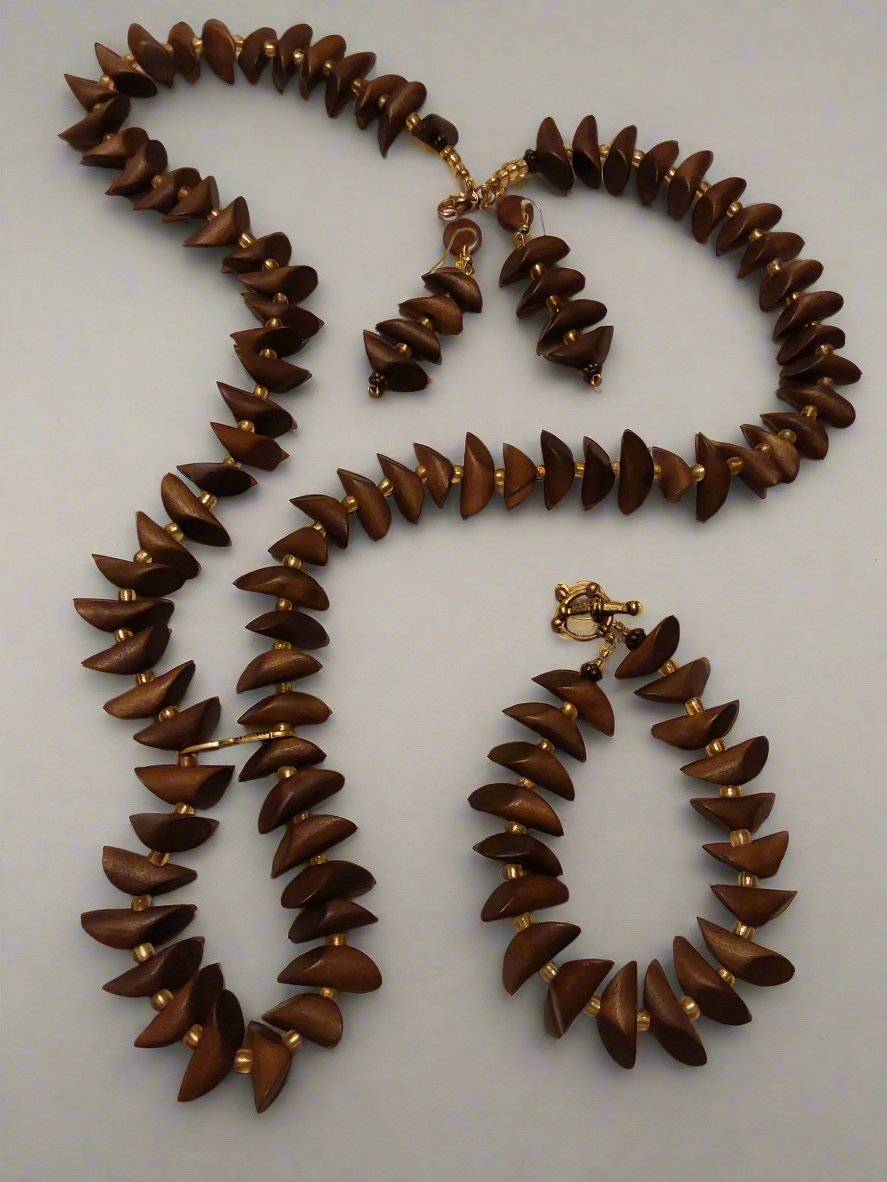Brown Wood Petal Beaded Necklace, Earrings, Bracelet Set