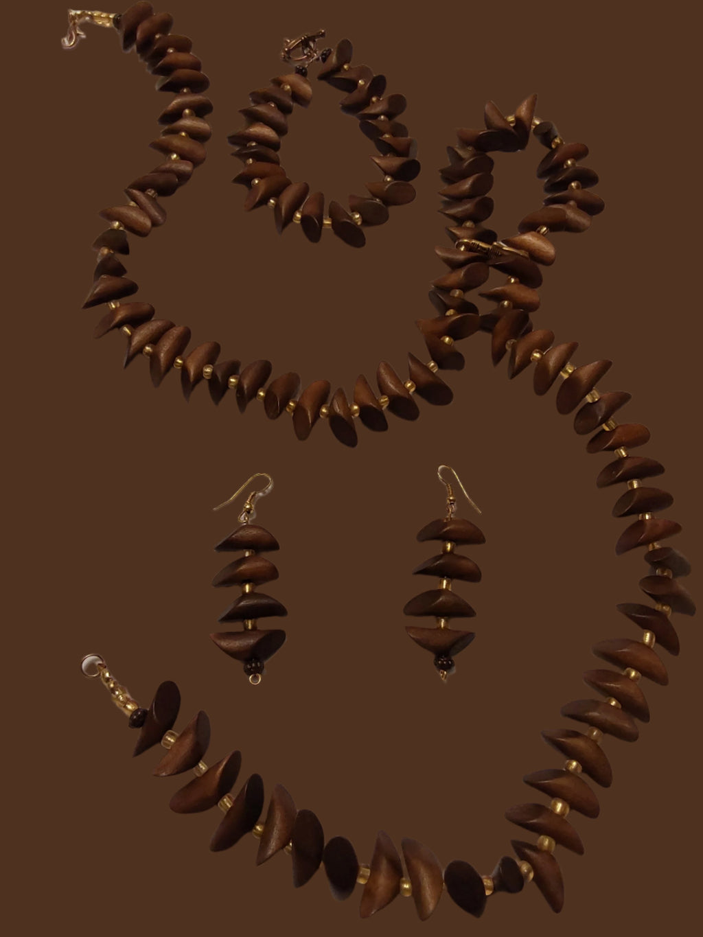 Brown Wood Petal Beaded Necklace, Earrings, Bracelet Set