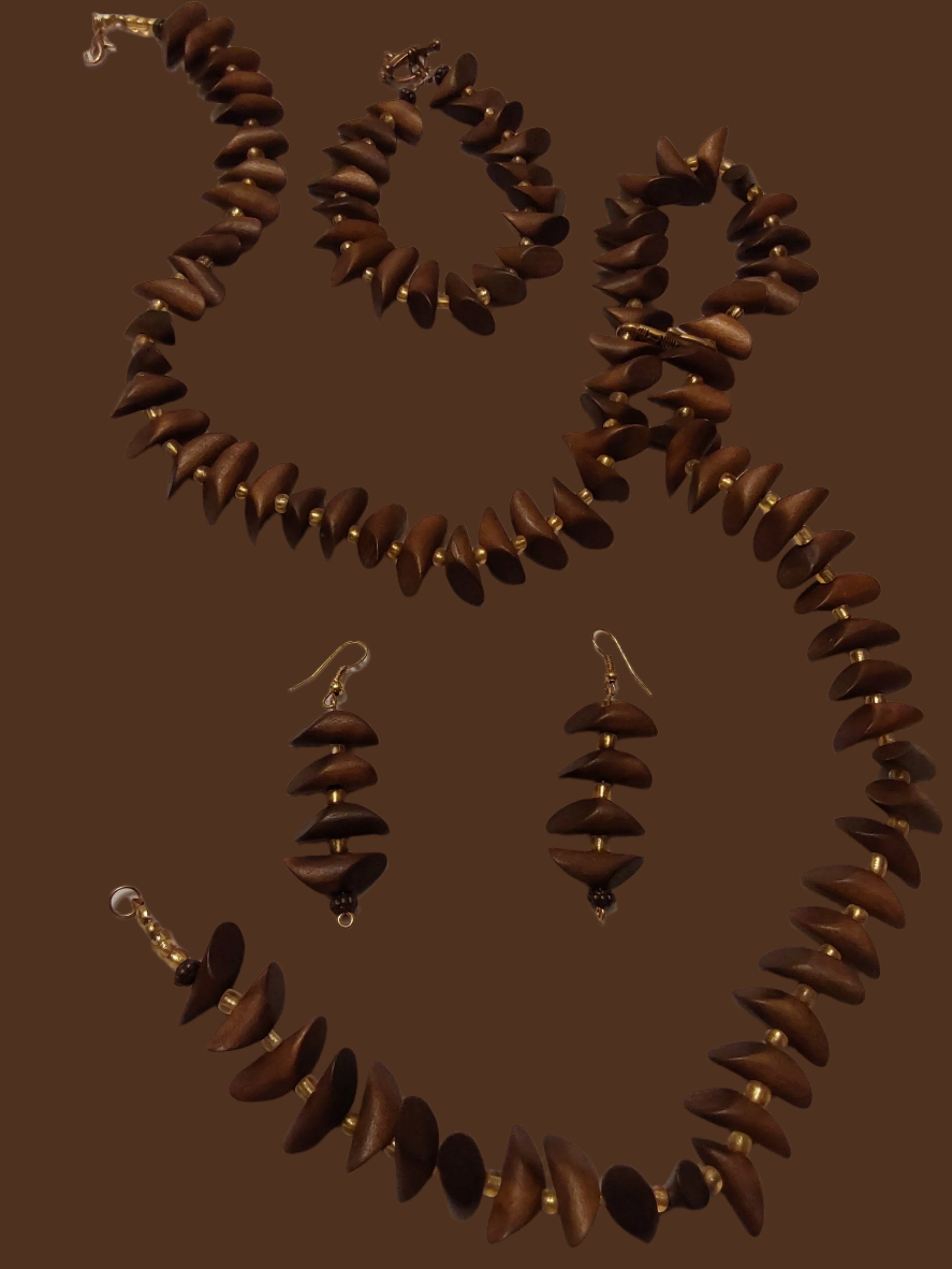Brown Wood Petal Beaded Necklace, Earrings, Bracelet Set