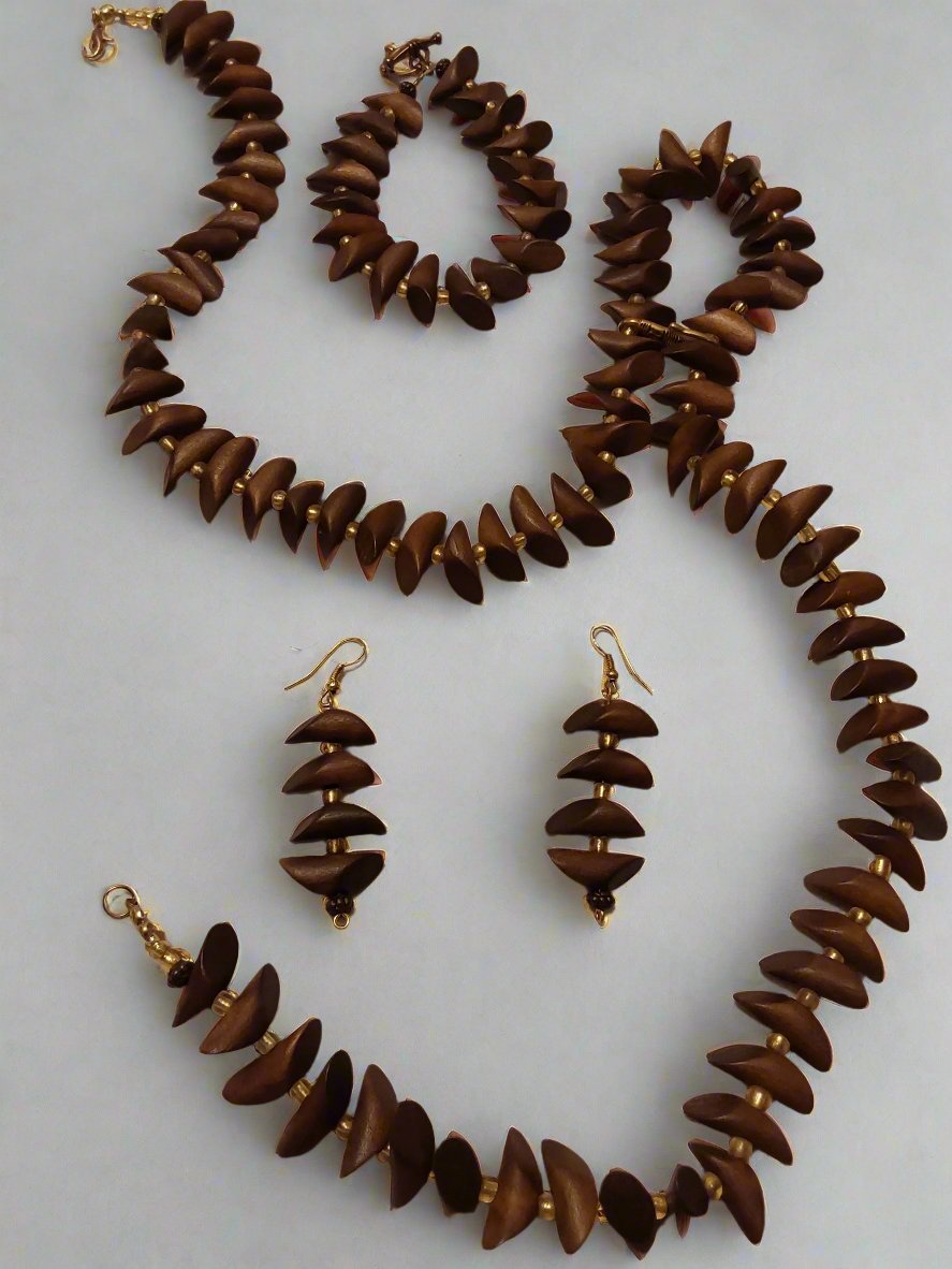 Brown Wood Petal Beaded Necklace, Earrings, Bracelet Set