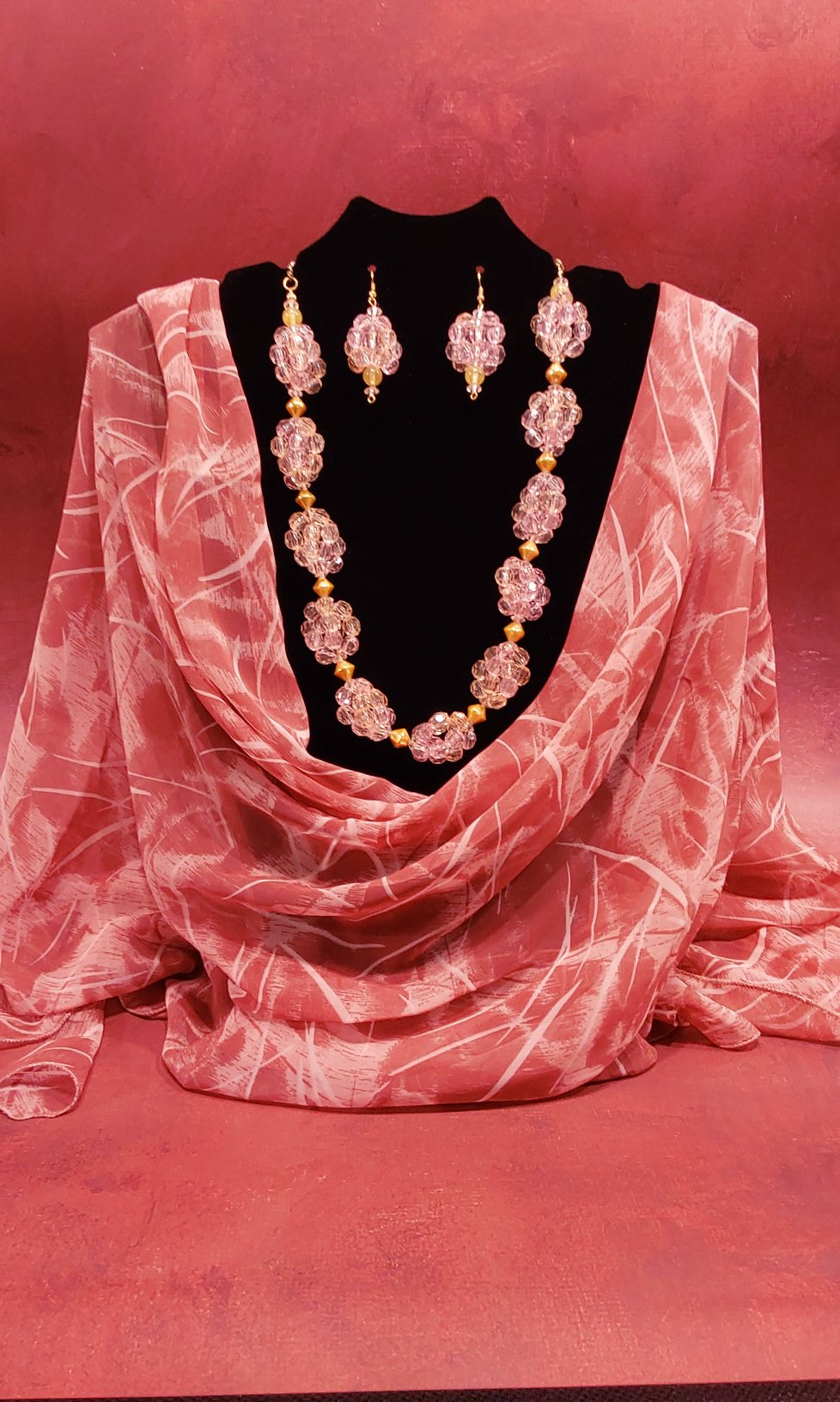 Pink and Gold Grape Clusters Necklace and Earrings Set