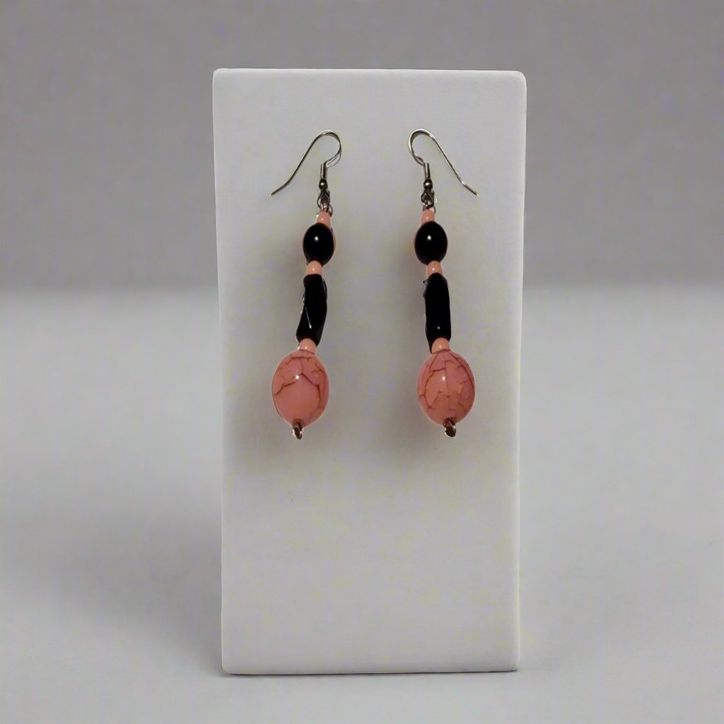 Pink Crack Marble Black Bead Silver Dangle Earrings