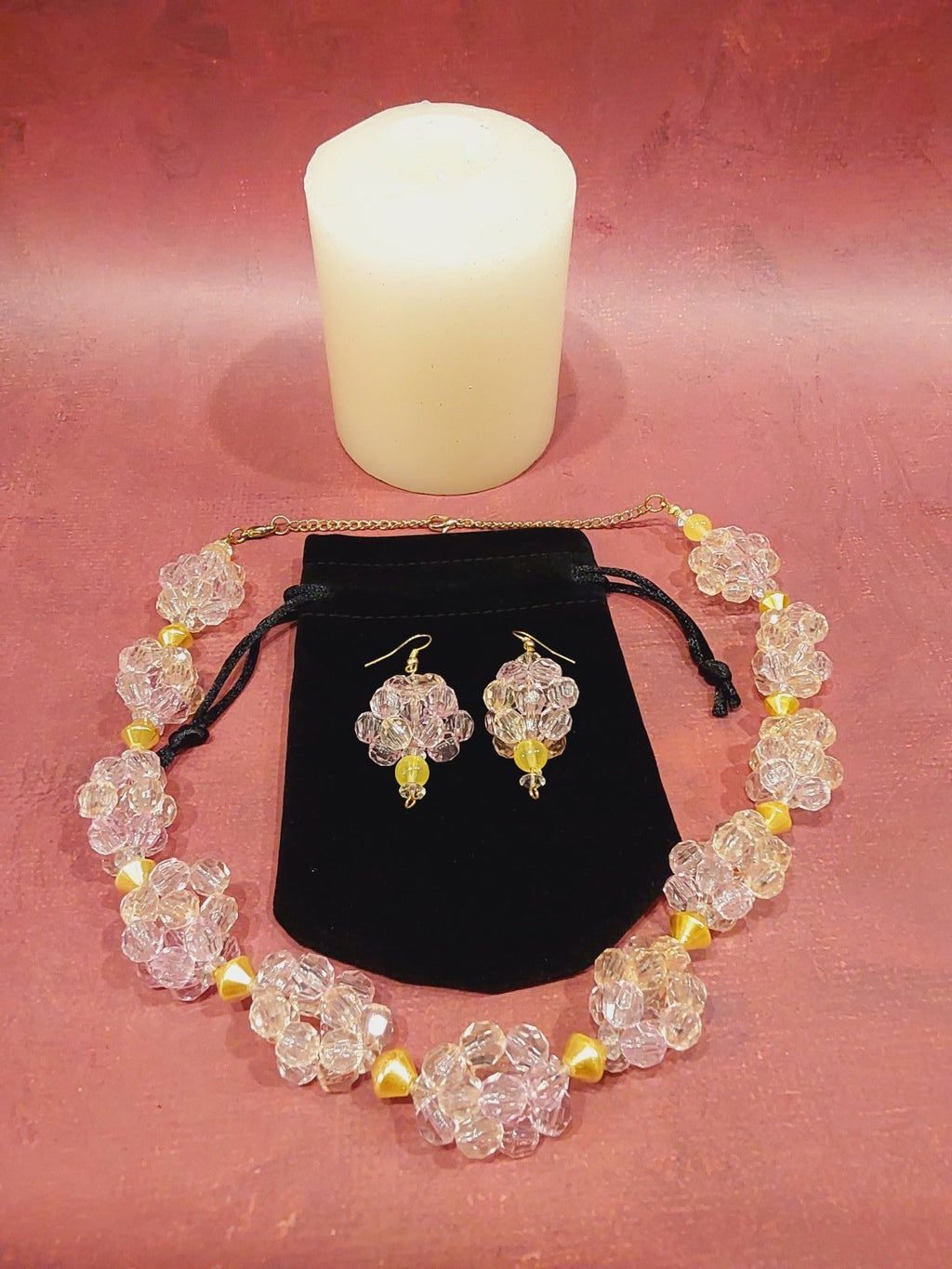 Pink and Gold Grape Clusters Necklace and Earrings Set