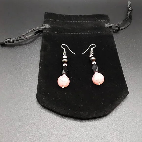 Pink Crack Marble Black Bead Silver Dangle Earrings