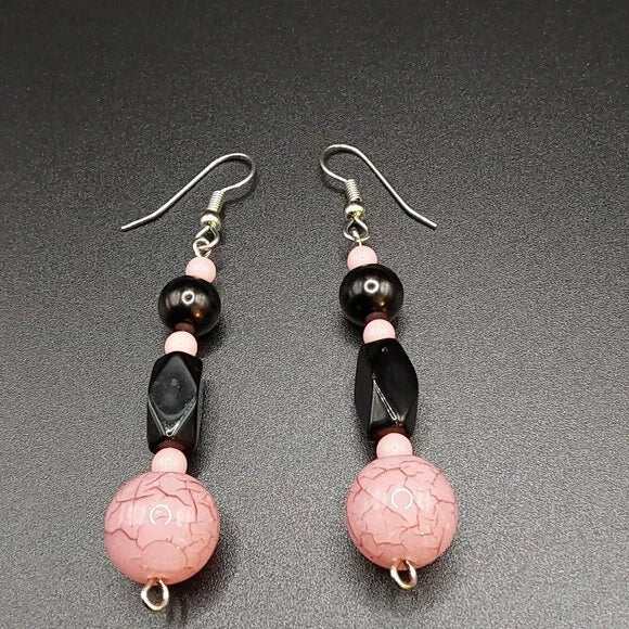 Pink Crack Marble Black Bead Silver Dangle Earrings