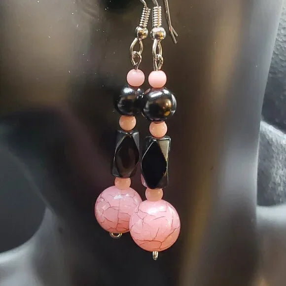 Pink Crack Marble Black Bead Silver Dangle Earrings