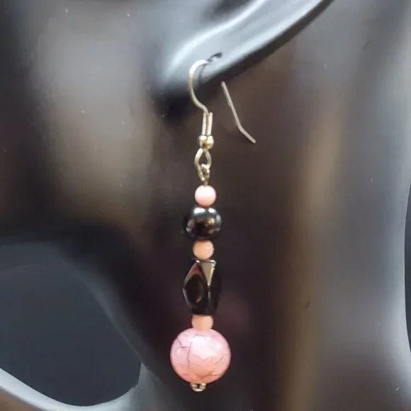 Pink Crack Marble Black Bead Silver Dangle Earrings