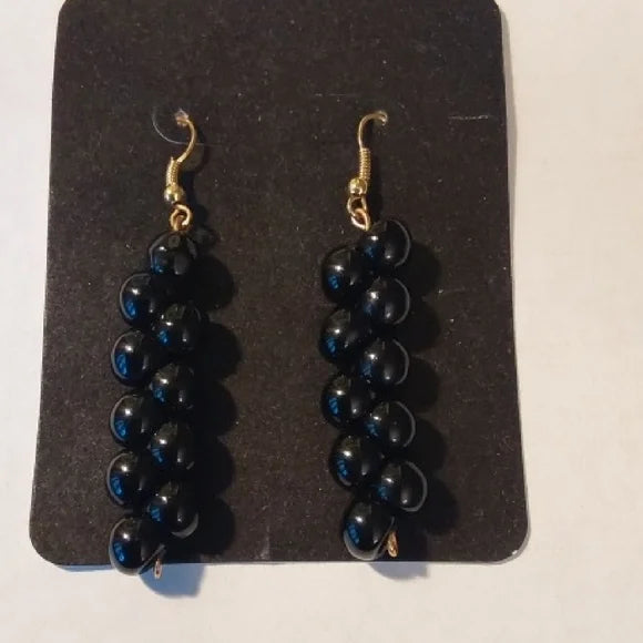 Black Beaded Earrings – Gold Fishhook Ear Wires, Hypoallergenic Handmade
