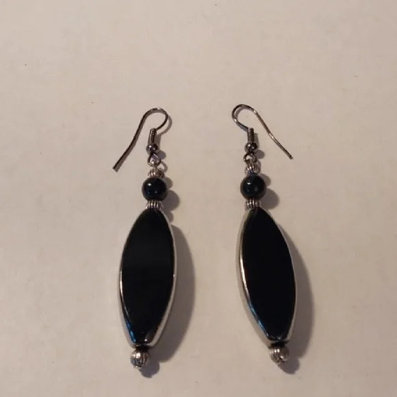Black Oval Dangle Earrings with Silver Hypoallergenic Ear Wires