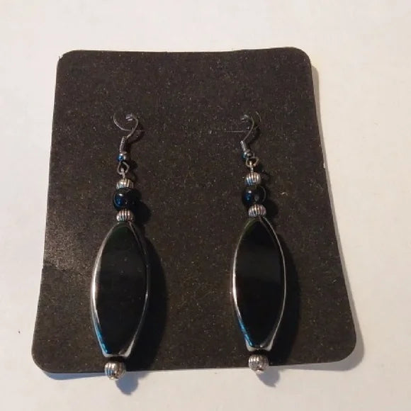 Black Oval Dangle Earrings with Silver Hypoallergenic Ear Wires
