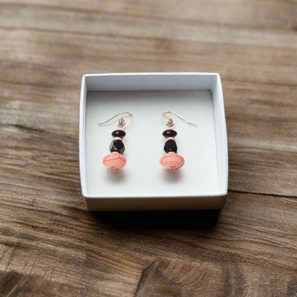 Pink Crack Marble Black Bead Silver Dangle Earrings